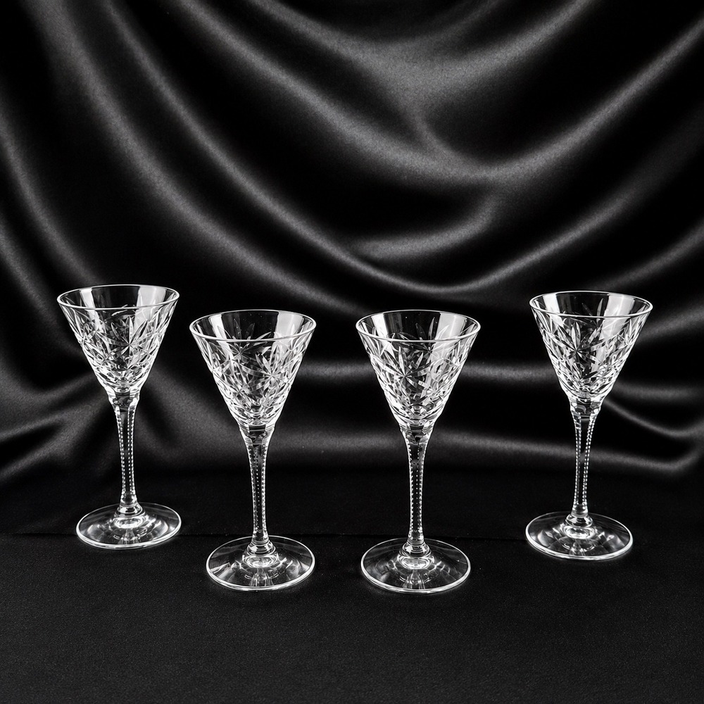 Four Stratford Crystal Sherry Glasses Signed Cut 636 Stem 476 Vtg 5.25"X2.75'"